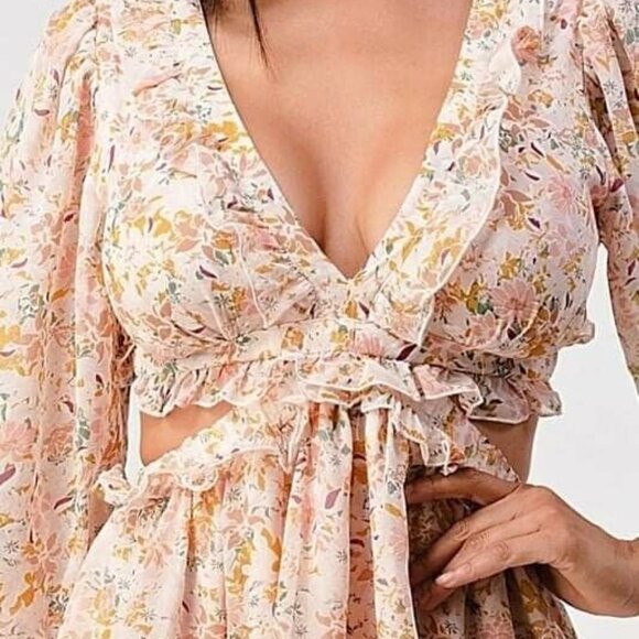 3/4 Sleeve Strappy Back Pink Floral Sexy Deep V-Neck Cut Out Mini Dress - Picture 7 of 13